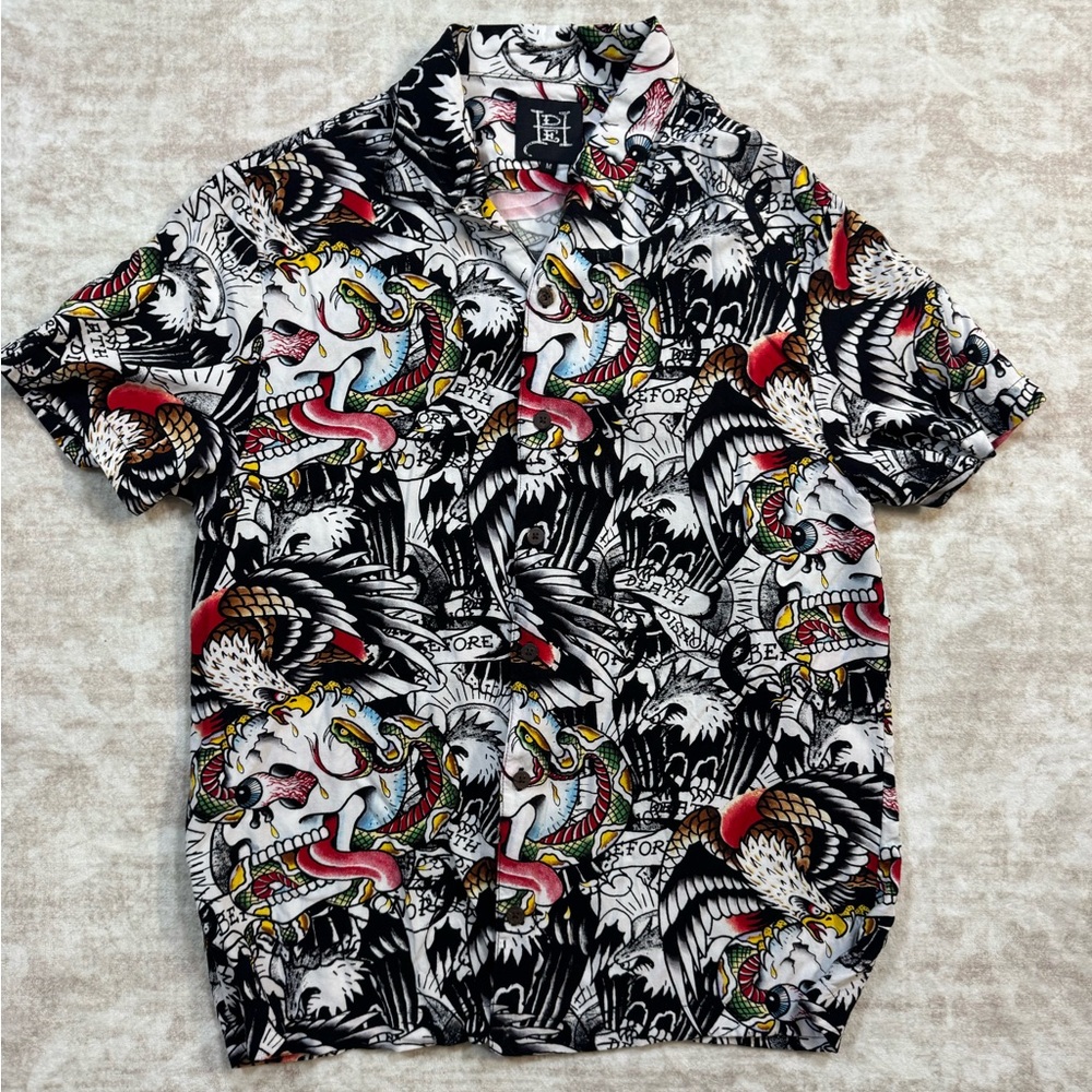 Ed Hardy Skull Eagle Tattoo Button Up Shirt Mens M Goth Festival